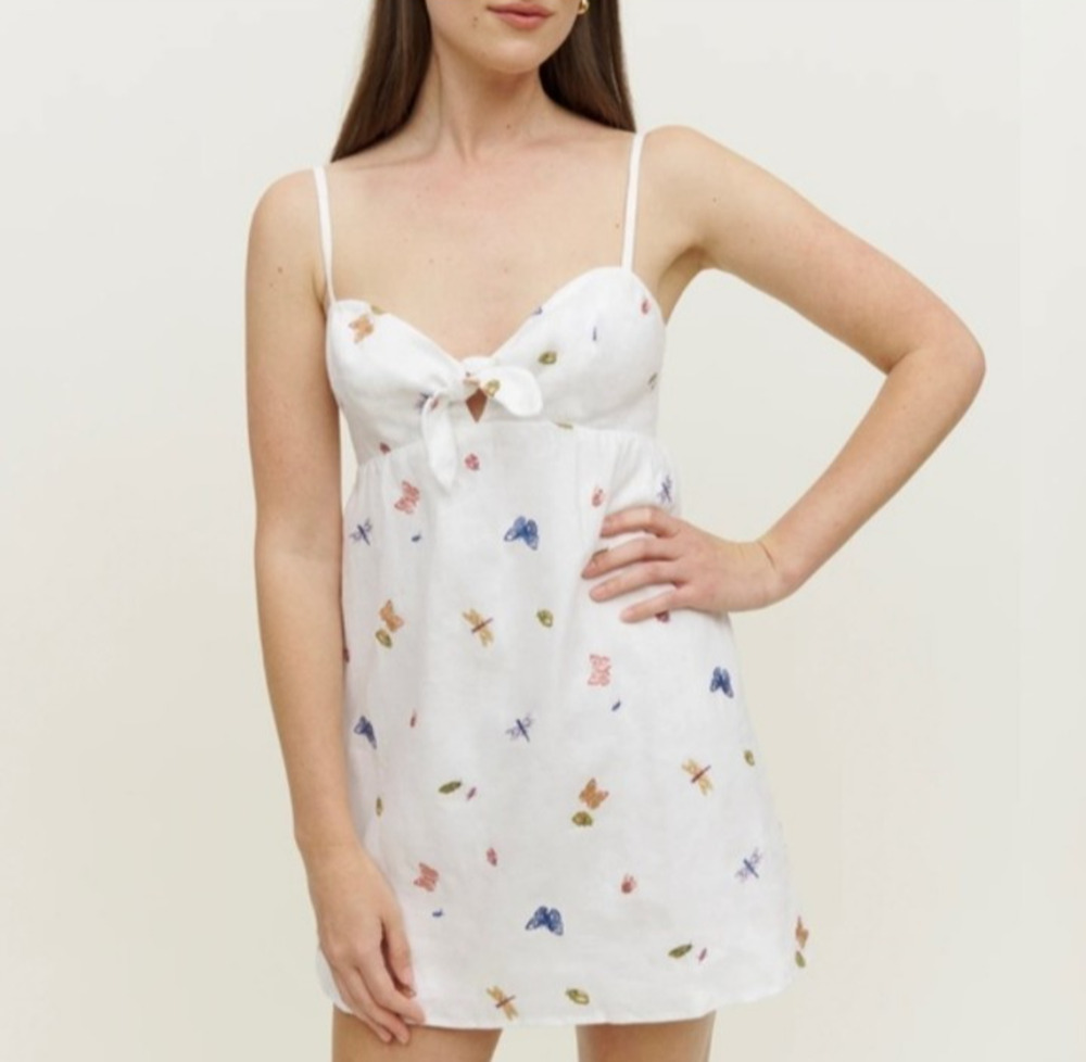 Reformation Linen White Embroidered Mini Dress in Ladybug Size 4 Coquette